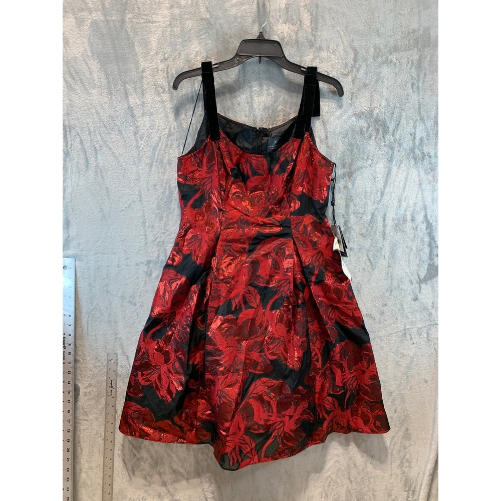Adrianna Papell Bow Jacquard Short Dress Black Red Metallic Size 8 Whimsygoth